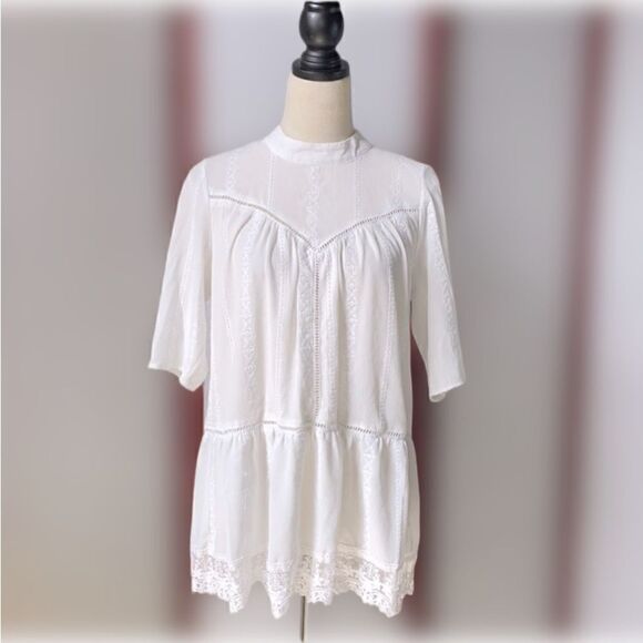 Anthropologie Leith White Lace High Neck Top with Eyelet Cut Outs (Size: Small) - Picture 7 of 16